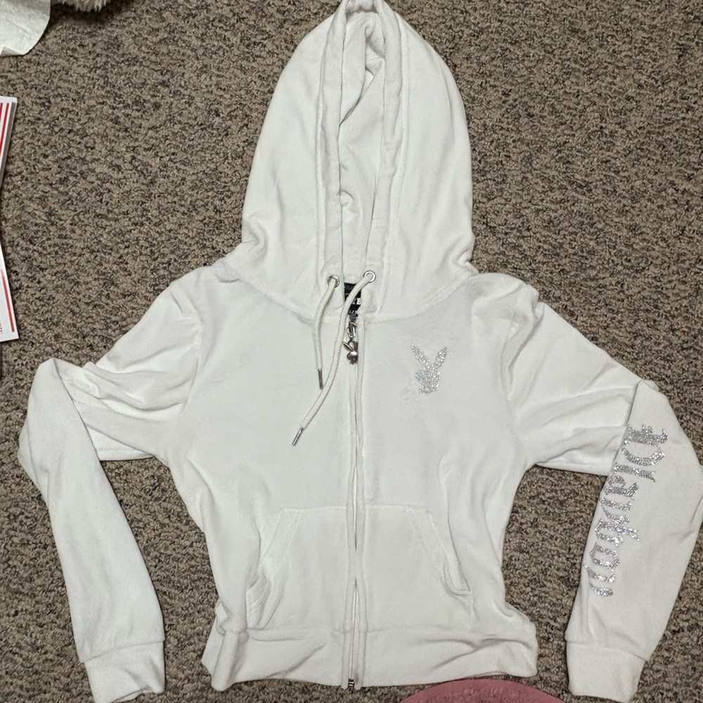 White Zip-Up Playboy Hoodie with Rhinestone Detail